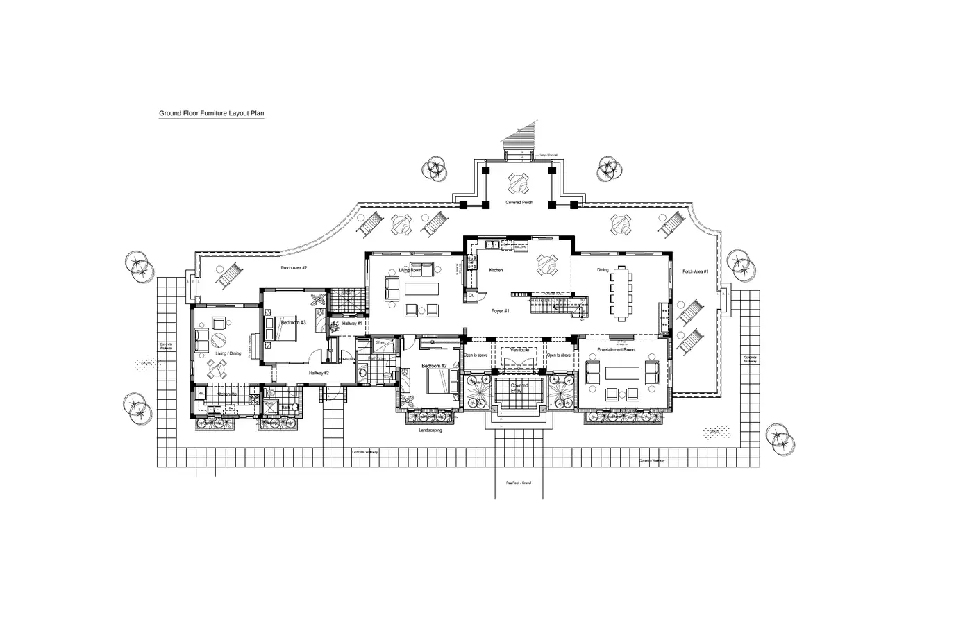 Grundriss Erdgeschoss der Villa Serenity mit Wohnzimmer, Küche, Esszimmer, Unterhaltungsraum, zwei Schlafzimmern und Veranda