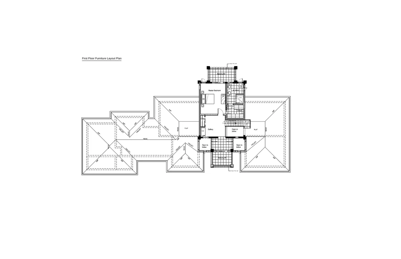 Grundriss Obergeschoss der Villa Serenity mit Schlafzimmer, Badezimmer, Arbeitszimmer und Balkonen